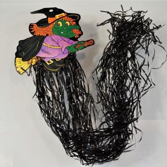 Vintage Flying Witch on Broomstick Black Fringe Halloween Cardboard Die Cut - Picture 2 of 6